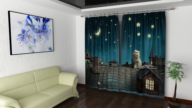 پرده چاپی با طرح گربه و ماه و ستاره