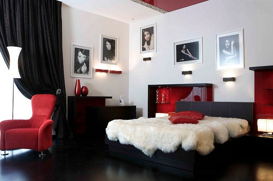 اتاق خواب شیک در رنگ های قرمز، سیاه و سفید [طراحی: Arthouse Baku]